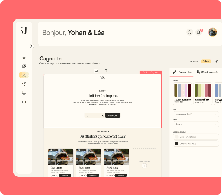 Junéa liste de mariage interface