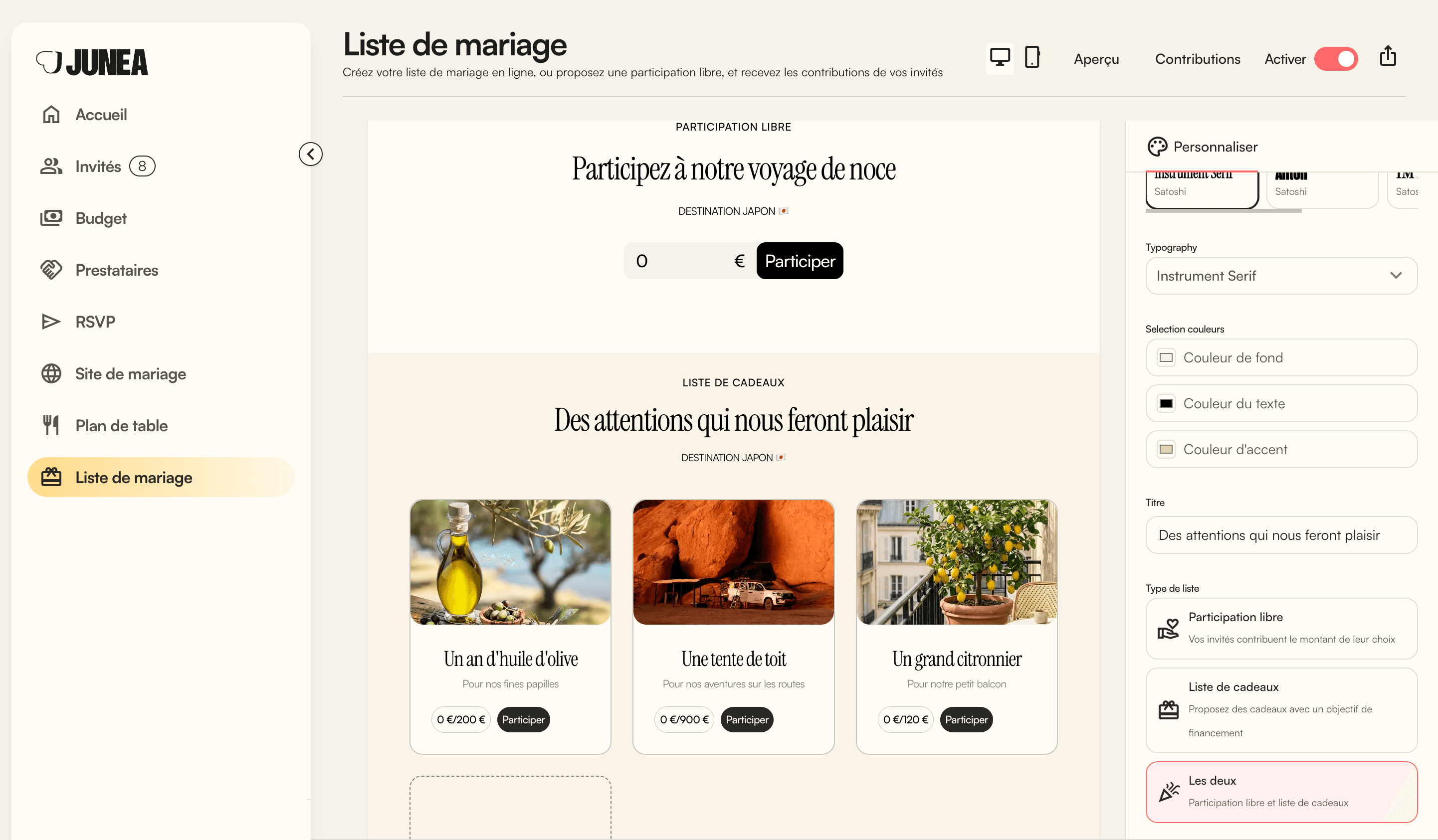 Liste de mariage et cagnotte en ligne sur Junéa